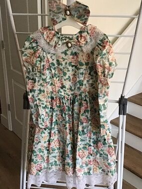 Vintage Storybook Heirlooms set floral dress+ bow Sz 5 100% cotton